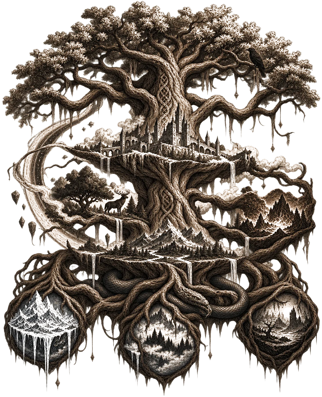 Yggdrasil, the world tree, with a castle on its bough and the realms hanging from its roots